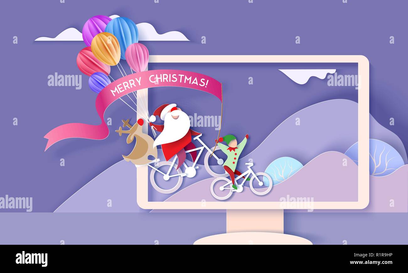 Joyeux Noël design card avec le Père Noël et Elf et des cerfs sur les bicyclettes de montagnes avec l'écran du moniteur. Modèle de coupe de papier. Vector illustration Illustration de Vecteur