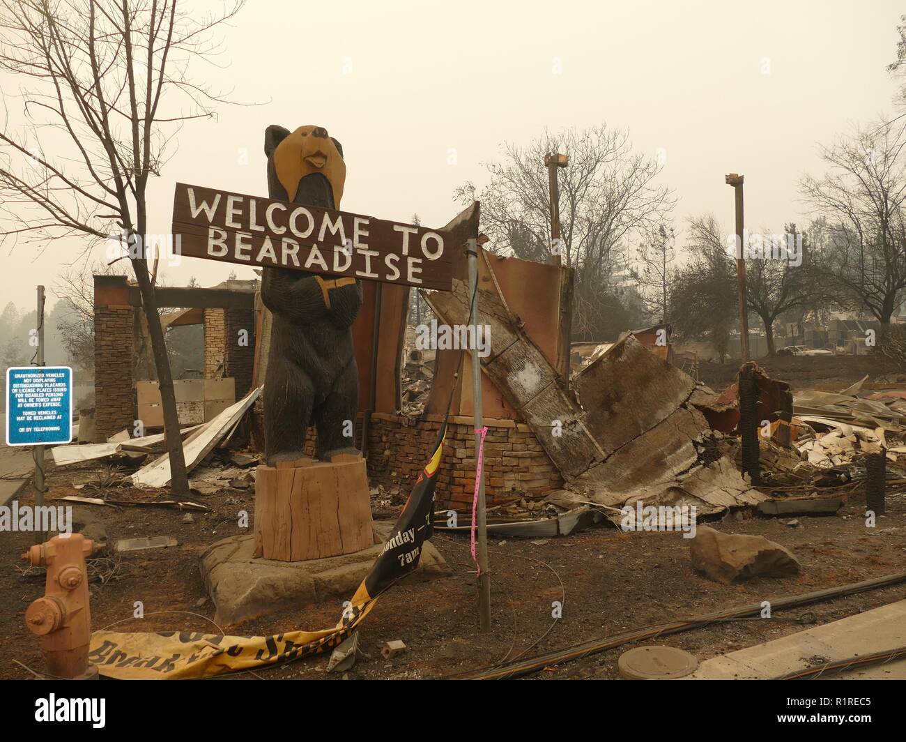 Paradis, USA. 13Th Nov, 2018. Un panneau avec l'inscription 'Bienvenue à Bearadise» et brûlé les débris après l'incendie de forêt, la soi-disant 'Camp' incendie. (Dpa 'paradis comme l'enfer sur terre - 'va créer une nouvelle église' du 14.11.2018) Crédit : Barbara Munker/dpa/Alamy Live News Banque D'Images