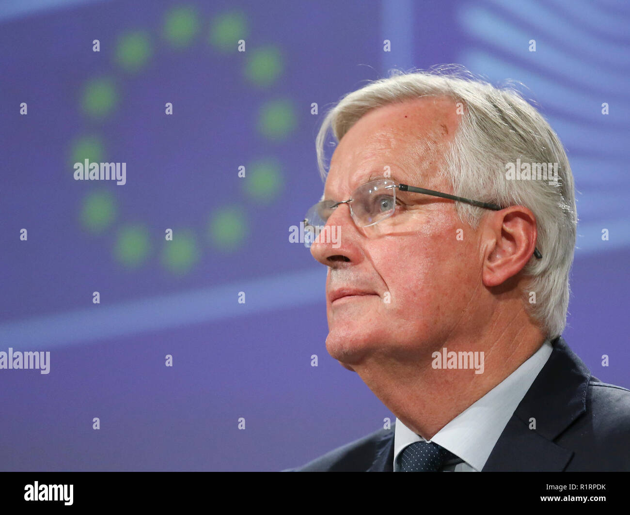 Bruxelles, Belgique. 14Th Nov, 2018. L'Union européenne Michel Barnier négociateur en chef Brexit assiste à un point de presse au siège de la Commission européenne à Bruxelles, en Belgique, le 14 novembre 2018. L'Union européenne (UE) et la Grande-Bretagne ont pris des mesures décisives pour mettre fin à des négociations Brexit, a déclaré Michel Barnier Mercredi, l'envoi d'un signal clair pour un sommet spécial à venir plus tard ce mois-ci. Credit : Ye Pingfan/Xinhua/Alamy Live News Banque D'Images