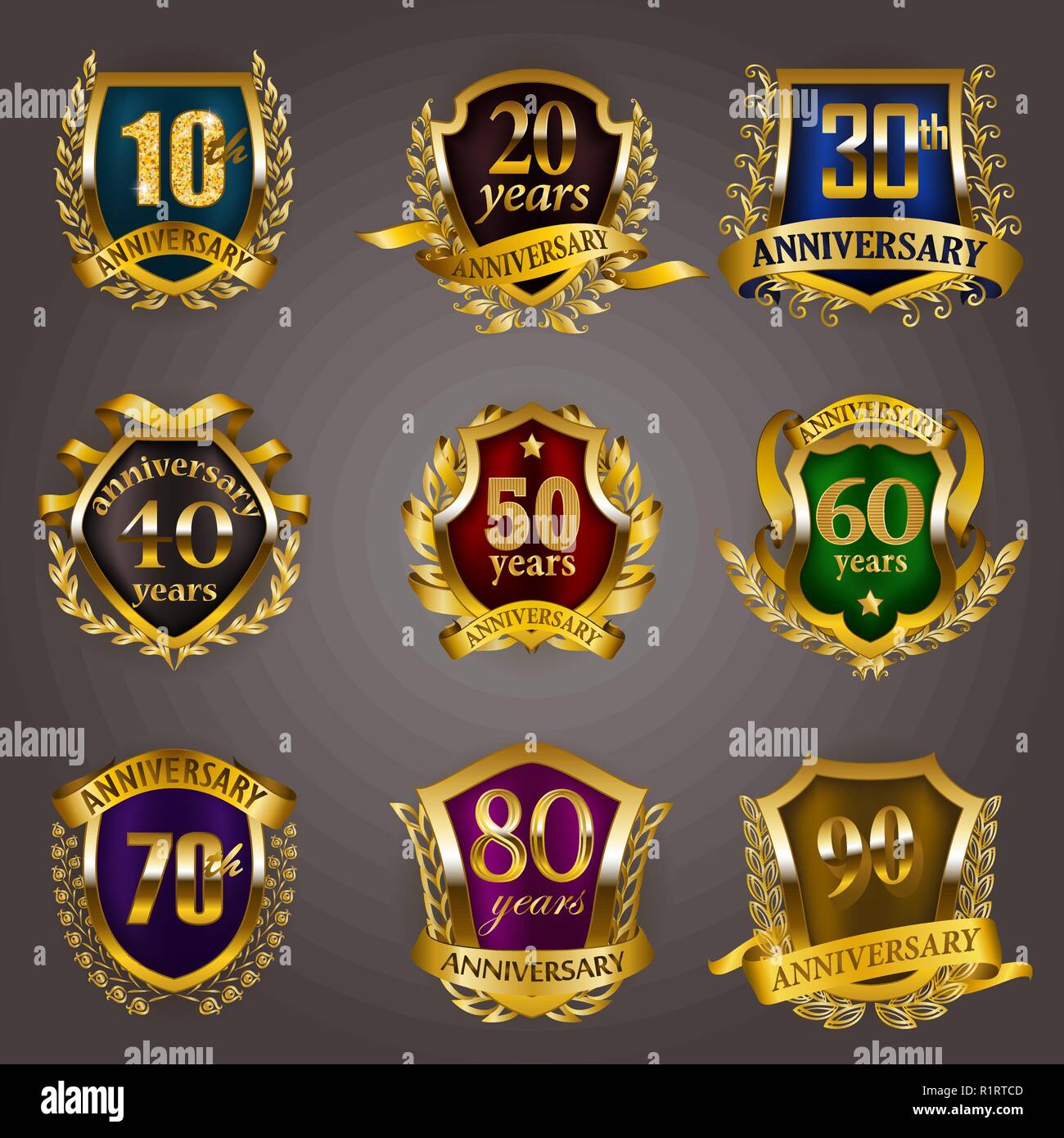 Set de badges anniversaire d'or Illustration de Vecteur
