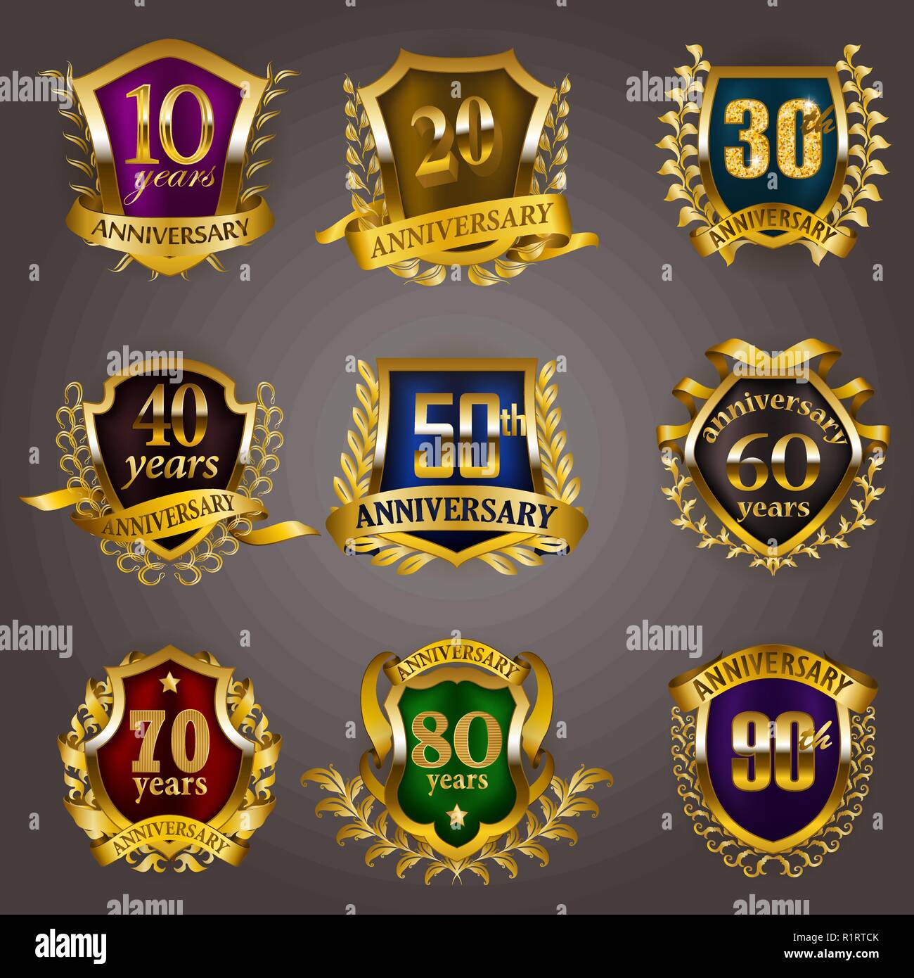 Set de badges anniversaire d'or Illustration de Vecteur