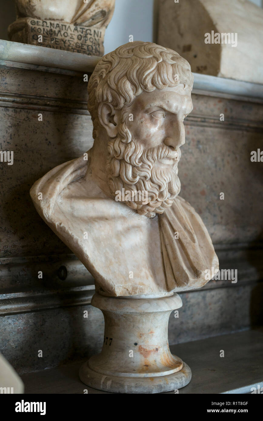 Rome. L'Italie. Buste d'Épicure (341-270 av. J.-C.) dans la salle des philosophes, les musées du Capitole. Musei Capitolini. En copie romaine d'un GRE Banque D'Images