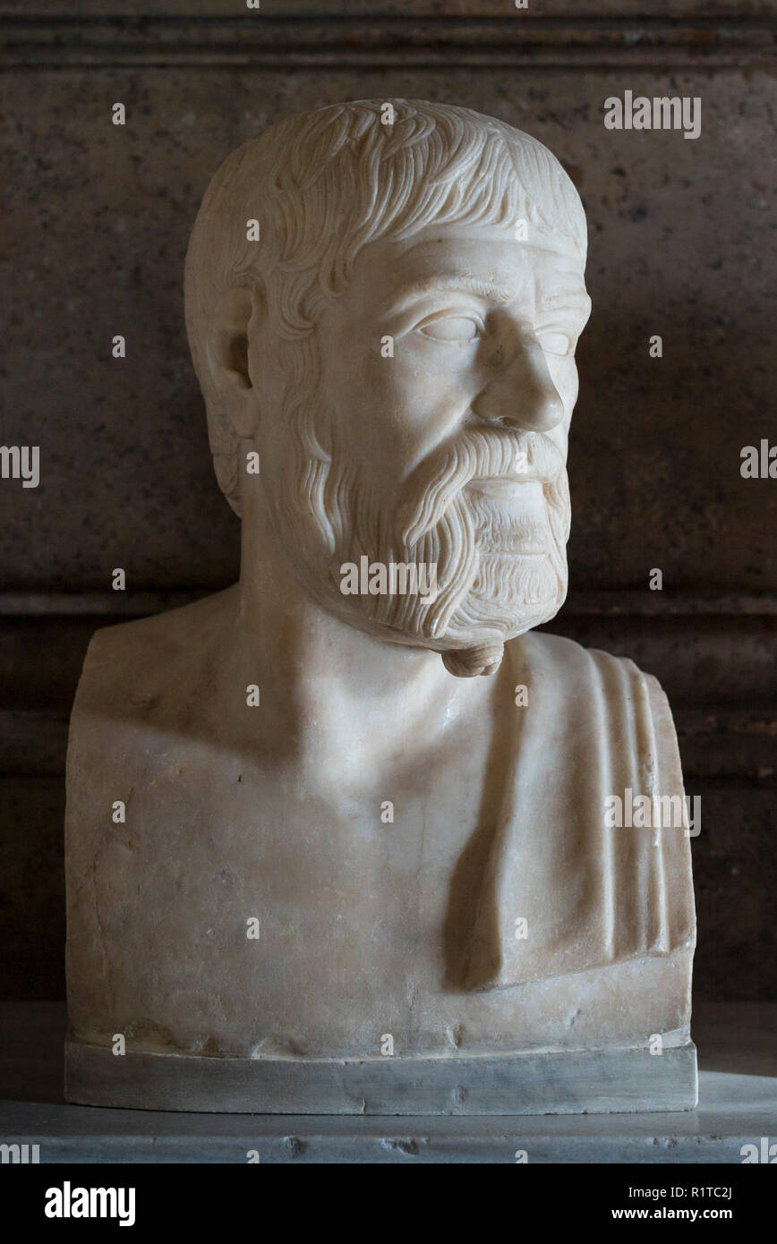 Rome. L'Italie. Buste de Pindare (Pindaros/Pindarus, ca. 522 - ca. 443 BC) poète lyrique grec antique de Thèbes dans la Salle des Philosophes, C Banque D'Images