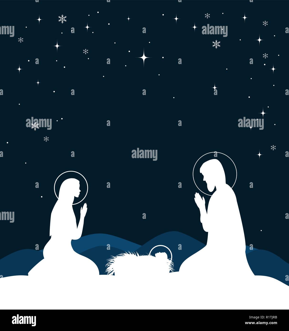 Scène de Noël chrétien avec la naissance de Jésus et l'étoile sur le ciel bleu, illustration Illustration de Vecteur