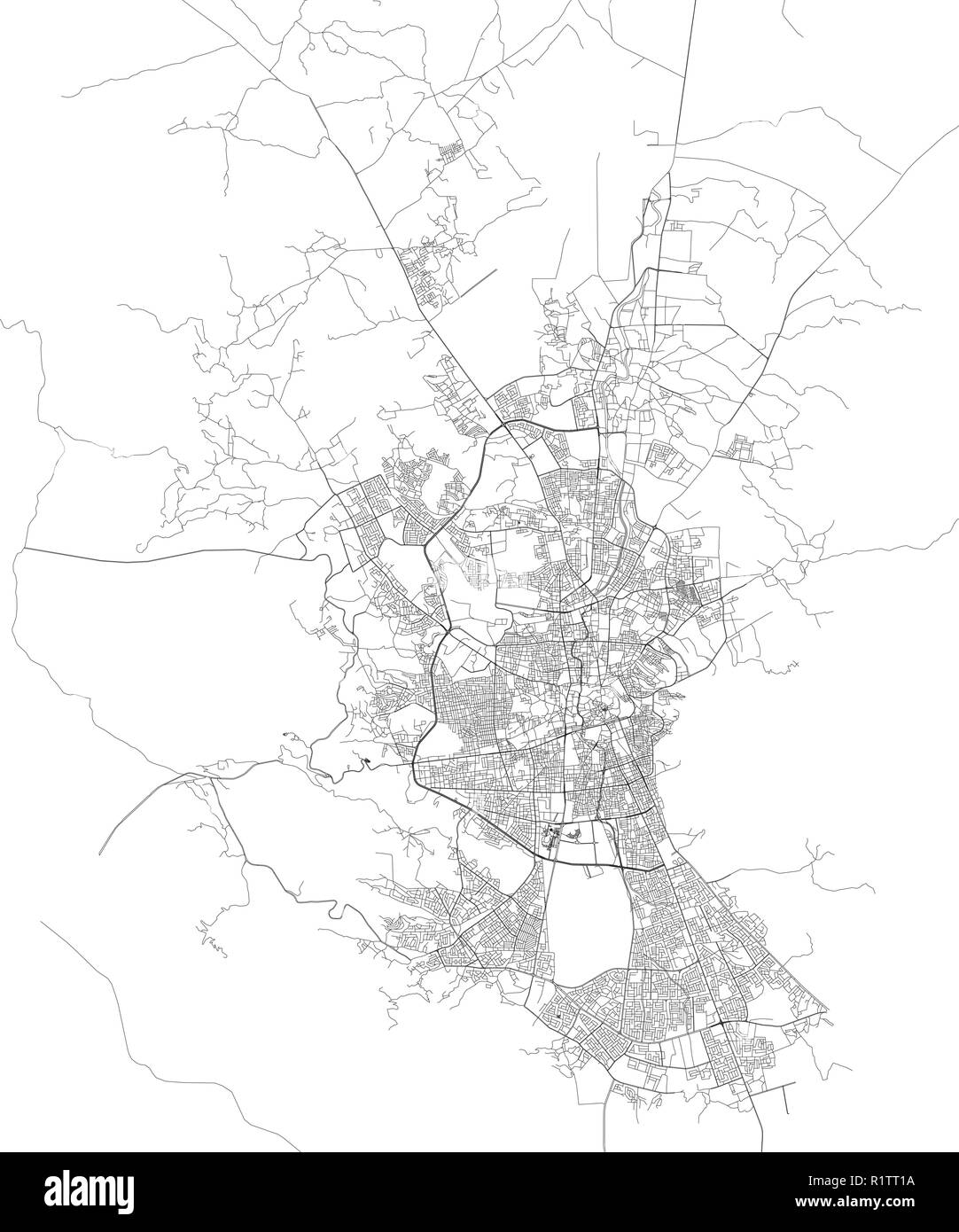 Carte Satellite de Sana'a, Yémen, les rues de la ville. Carte et plan de la ville Illustration de Vecteur
