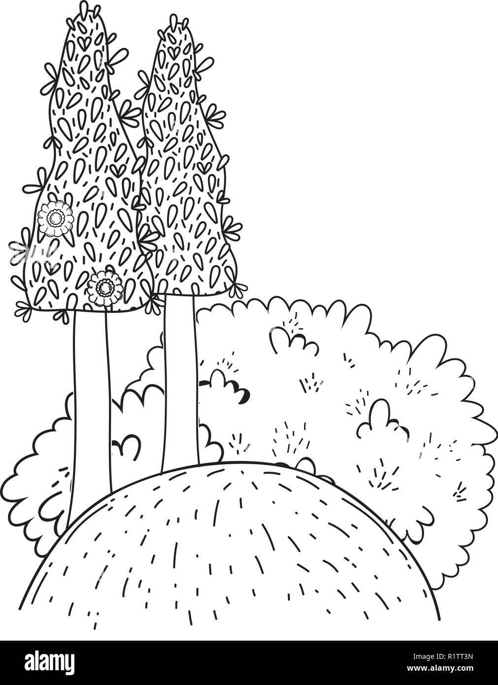 Arbres nature mignon en noir et blanc Illustration de Vecteur