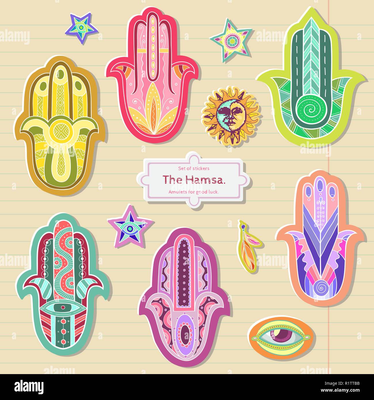 Autocollants ethniques. Main de Fatima. Bonne chance. Illustration de Vecteur