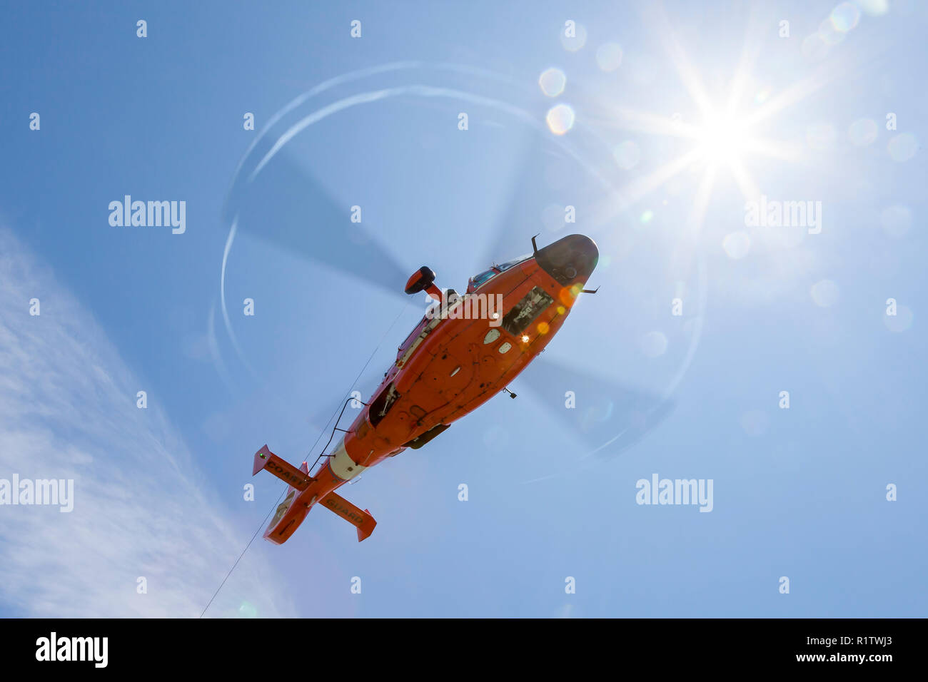 Ingénieur de vol regarde vers le bas de la porte d'un hélicoptère Dauphin USCG MH-65 Banque D'Images