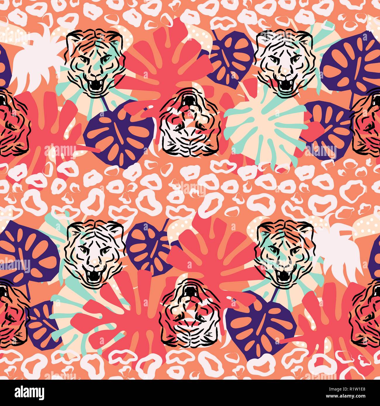 Modèle vectoriel continu dans la jungle avec les chats sauvages et de plantes tropicales dans le corail rouge couleurs. Taches et peau de léopard feuillage gras fond répéter pour fashi Illustration de Vecteur