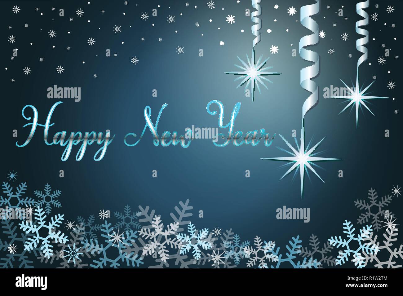 Maison de vacances d'hiver avec de la neige et des étoiles d'arrière-plan, la main expression lettrage bonne année. La saison de Noël, carte postale d'illustration vectorielle, EPS 10 Illustration de Vecteur