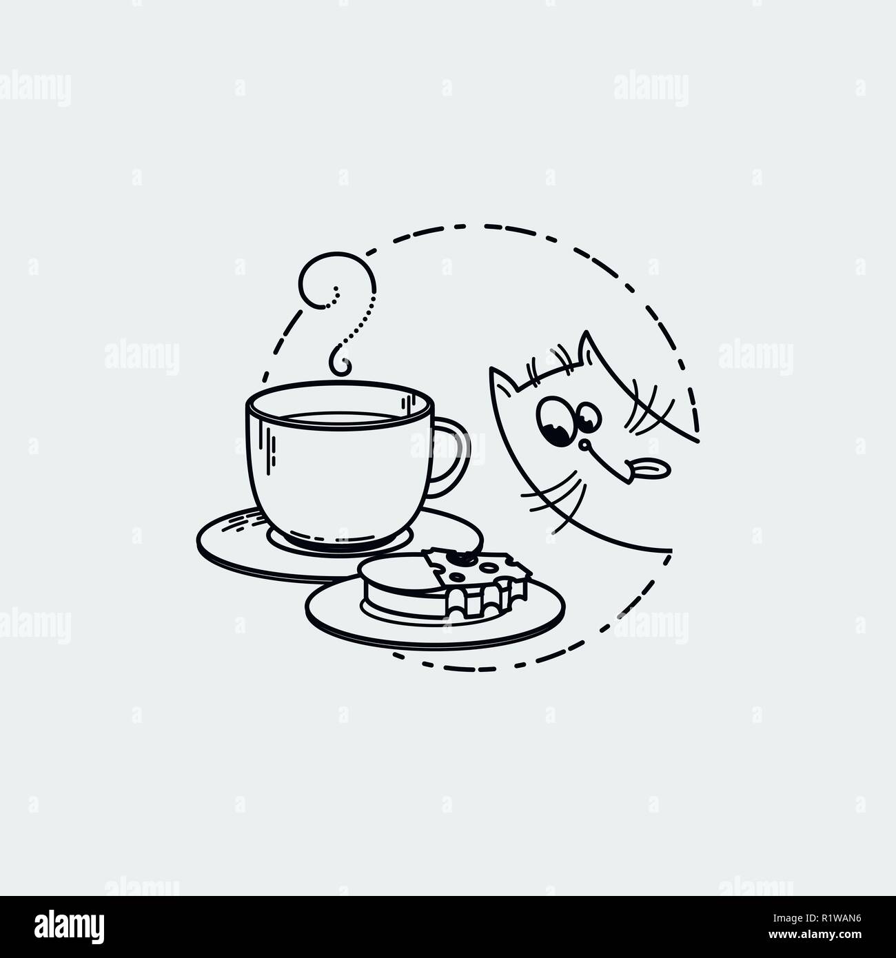 Carte vectorielle avec chat mignon avec cuvette et un sandwich. L'heure du thé, café ou cacao. Illustration pour les estampes, dessins, livres à colorier Illustration de Vecteur