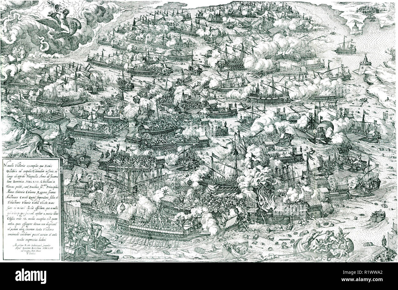 La bataille de Lépante, gravure par Martin Rota, 1572. La bataille de Lépante est un combat naval qui a eu lieu le 7 octobre 1571 lorsqu'une flotte de la sainte ligue, dirigée par la République de Venise et l'Empire espagnol, ont infligé une défaite majeure de la flotte de l'Empire Ottoman dans le Golfe de Patras. Banque D'Images
