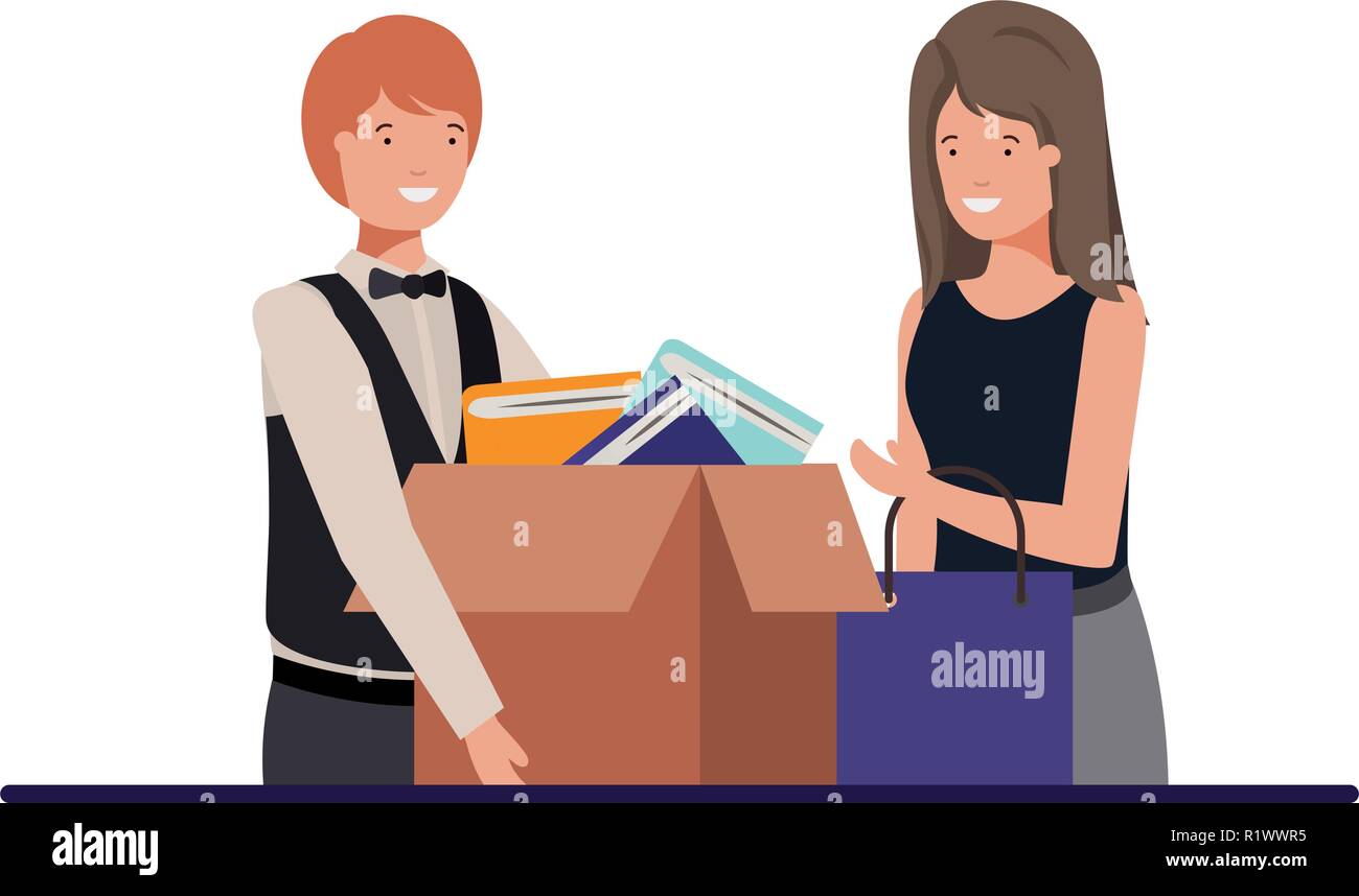 Cuople avec boîte en carton et panier Illustration de Vecteur