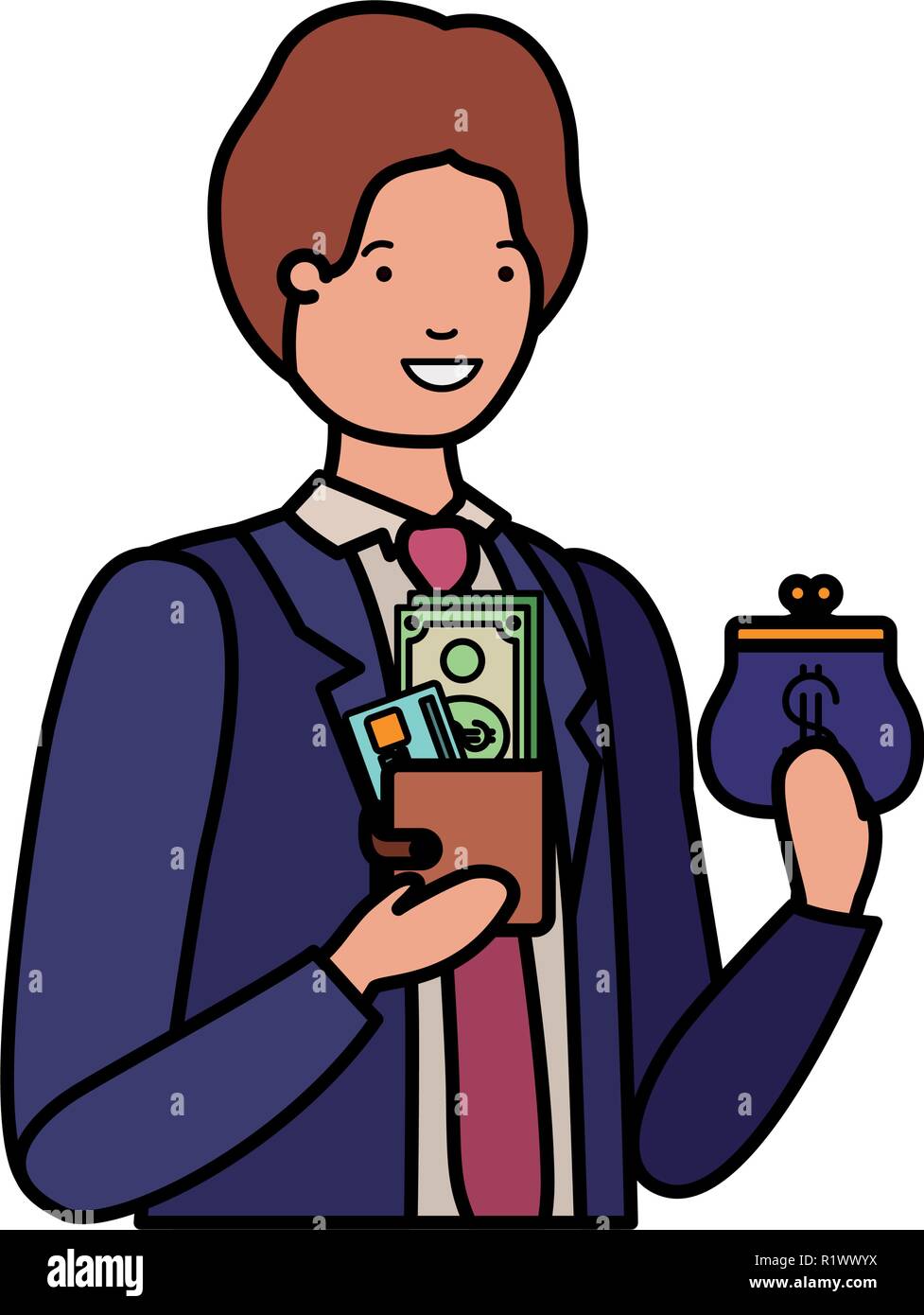 Homme avec porte-monnaie et portefeuille avec de l'argent Image Vectorielle  Stock - Alamy