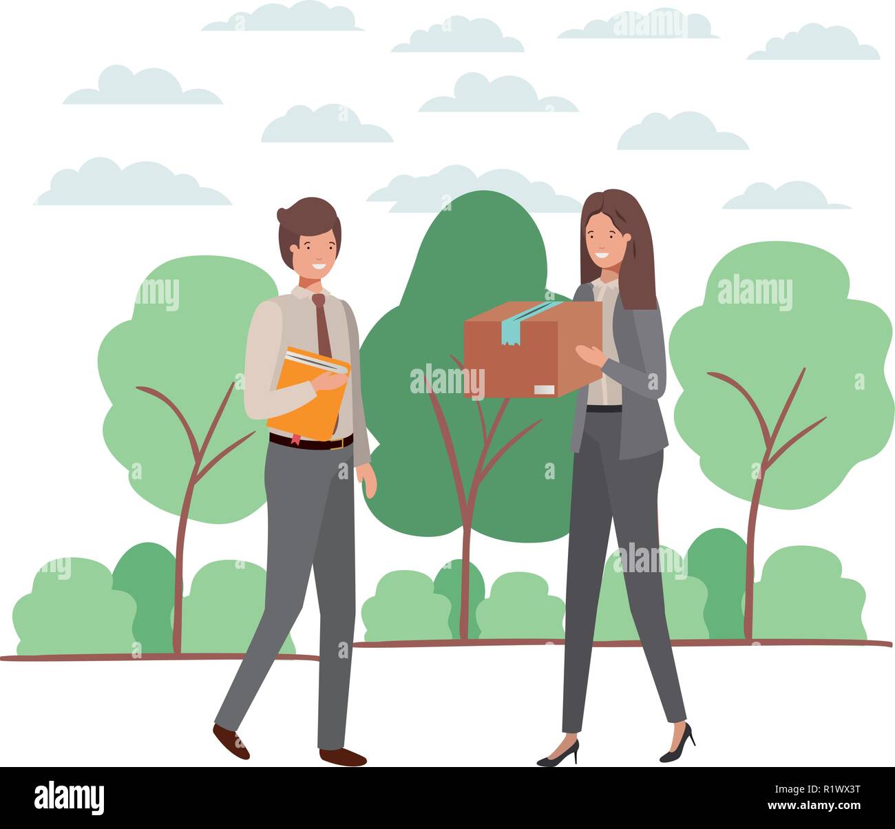 Couple avec boîte en carton et livre en mode paysage Illustration de Vecteur