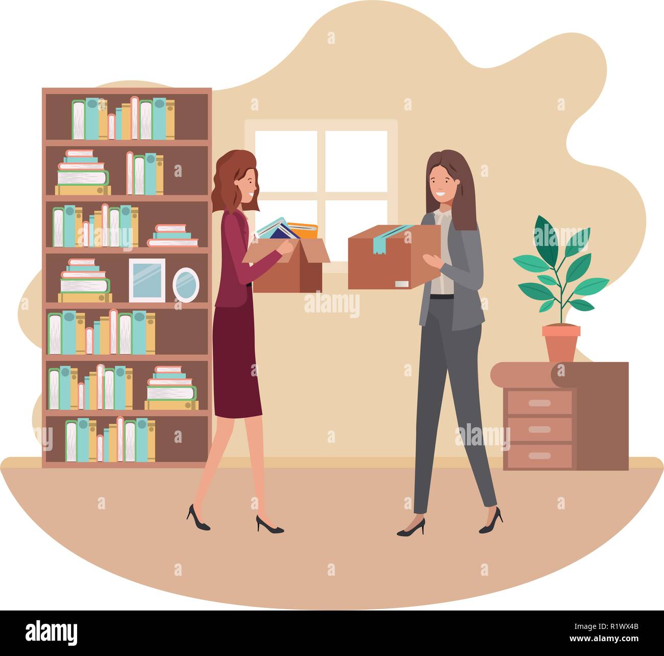 Les jeunes femmes avec du carton fort dans la chambre Illustration de Vecteur