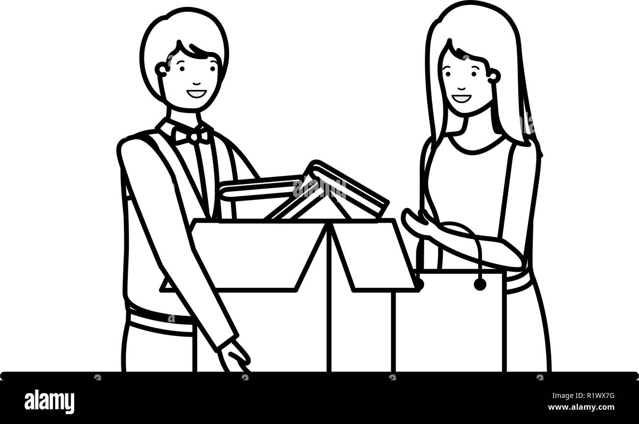 Cuople avec boîte en carton et panier Illustration de Vecteur