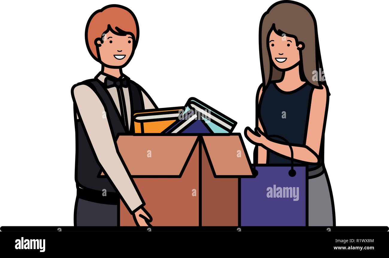 Cuople avec boîte en carton et panier Illustration de Vecteur