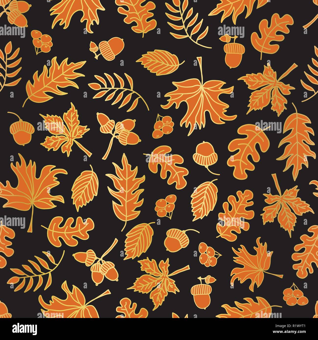 Or l'action de l'automne les feuilles d'aluminium fond vectoriel continu.  Orange et d'or feuille d'automne abstrait des formes sur fond noir. Modèle  élégant pour papier numérique, bannière, rétractable, fête, invitation  Image Vectorielle