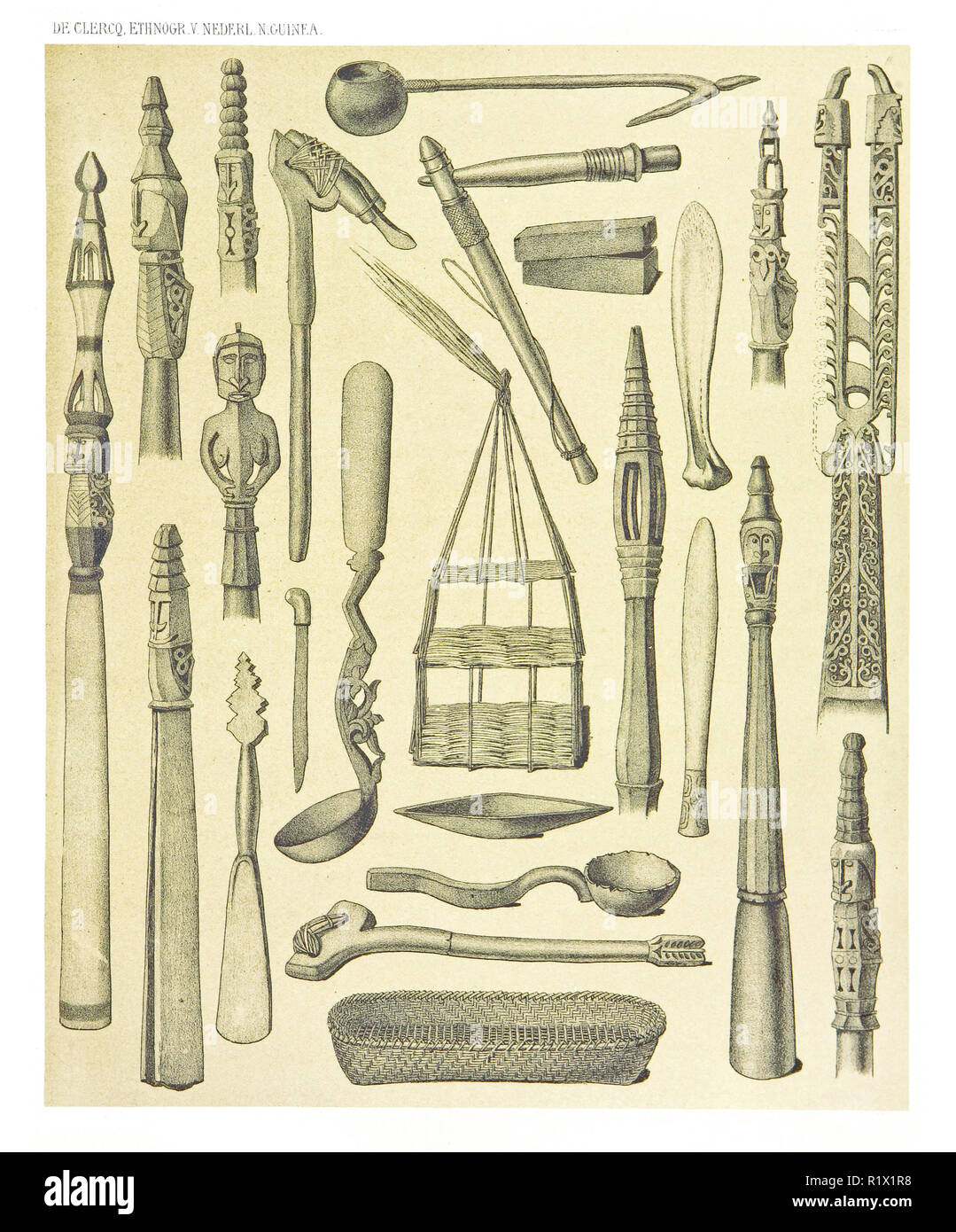 Illustration d'objets ethniques de l'Ouest et de la côte nord de la Nouvelle-Guinée néerlandaise. Par F.S.A. De Clercq et J.D.E. Leiden 1893, Schmeltz Banque D'Images