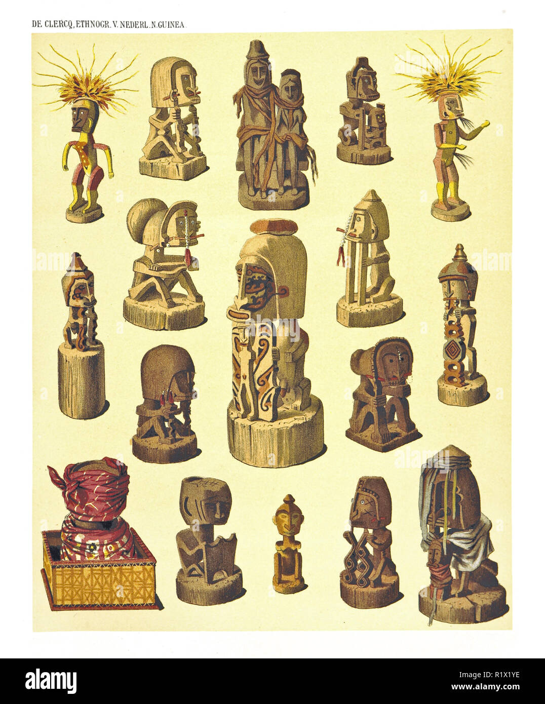 Illustration d'objets ethniques de l'Ouest et de la côte nord de la Nouvelle-Guinée néerlandaise. Par F.S.A. De Clercq et J.D.E. Leiden 1893, Schmeltz Banque D'Images