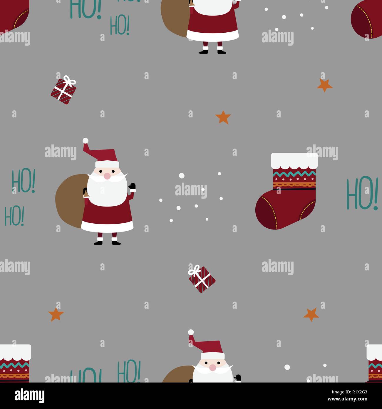 Modèle sans couture de Noël avec le Père Noël, Noël sock, boîte-cadeau, la neige et les étoiles vector illustration sur fond gris Illustration de Vecteur