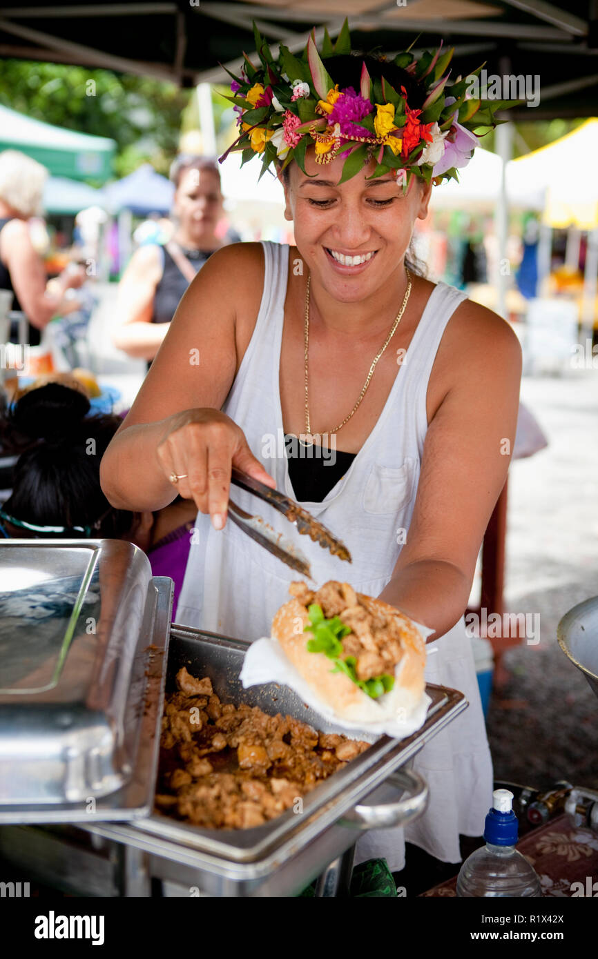 Les aliments frais dans le marché d'Avarua, Rarotonga, îles Cook. Banque D'Images