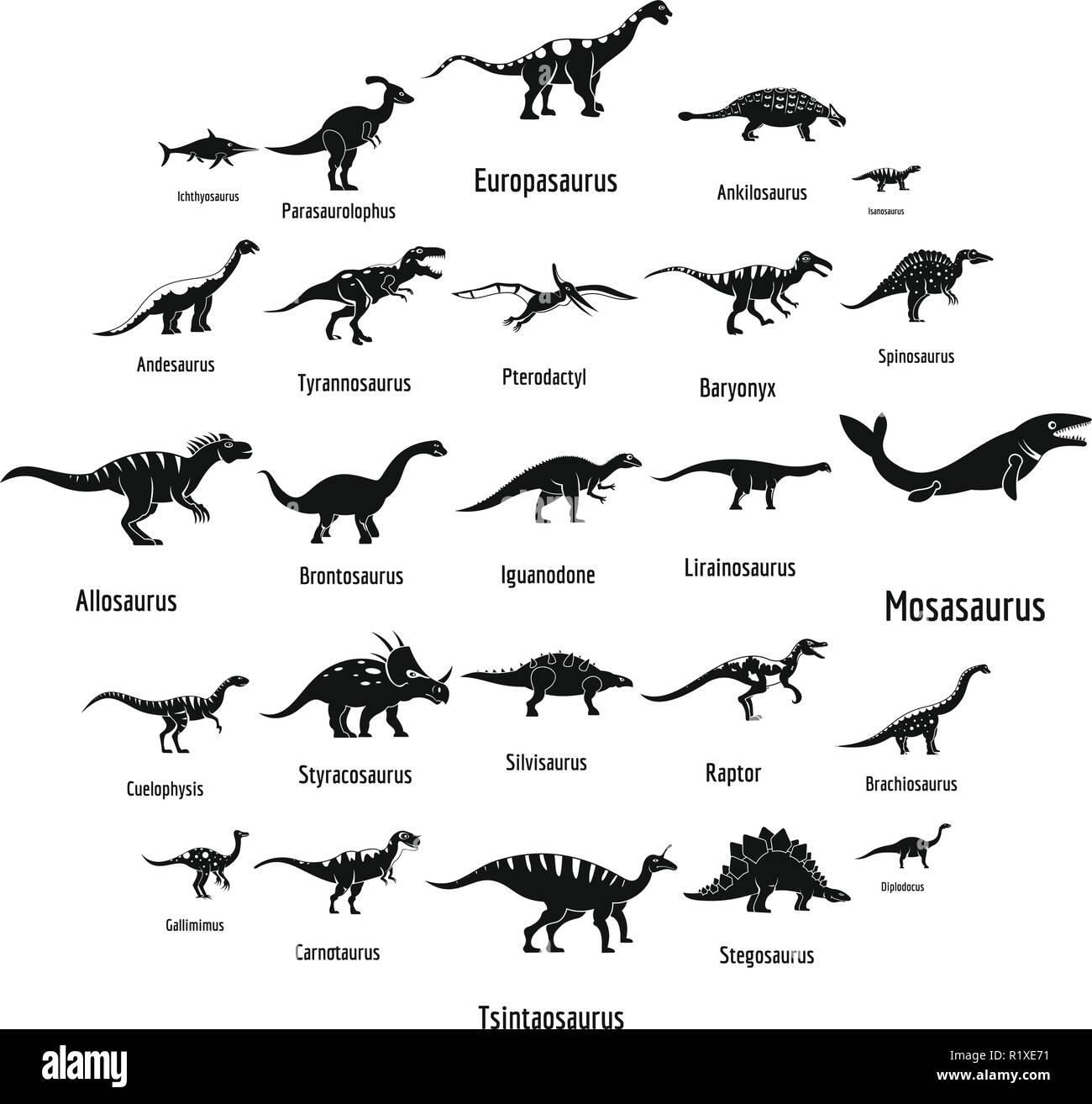 Types de dinosaures nom signé icons set. Illustration simple de 25 types de dinosaures nom signé vector icons for web Illustration de Vecteur