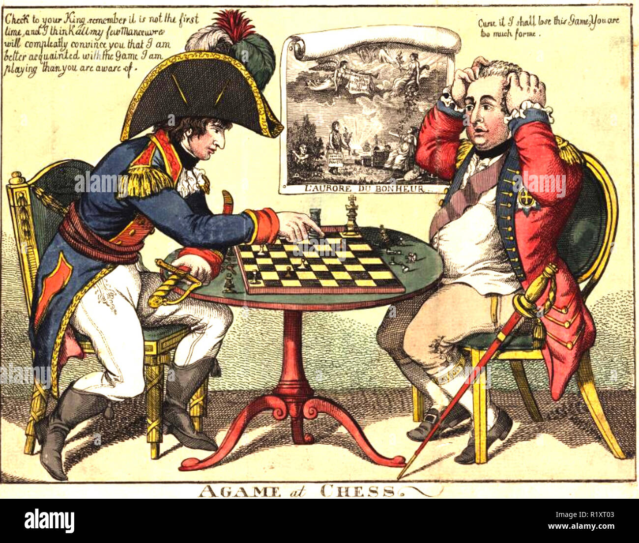 Un jeu d'échecs Napoléon outmaneuvers facilement au roi George III dans un dessin animé 1797 Banque D'Images