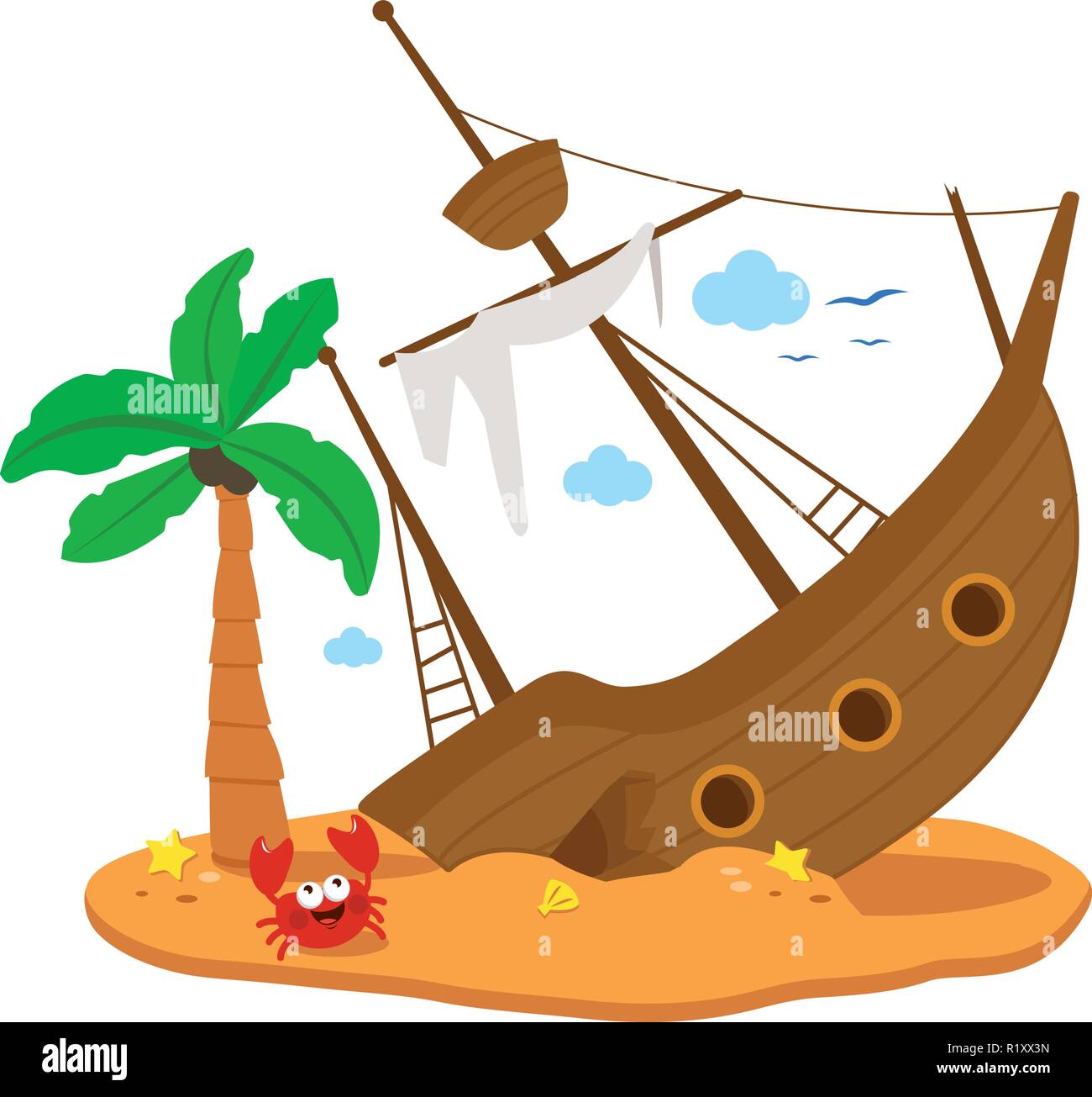 Naufrage sur une île. Bateau pirate cassé sur une île au trésor d'été à la plage. Illustration vectorielle Illustration de Vecteur