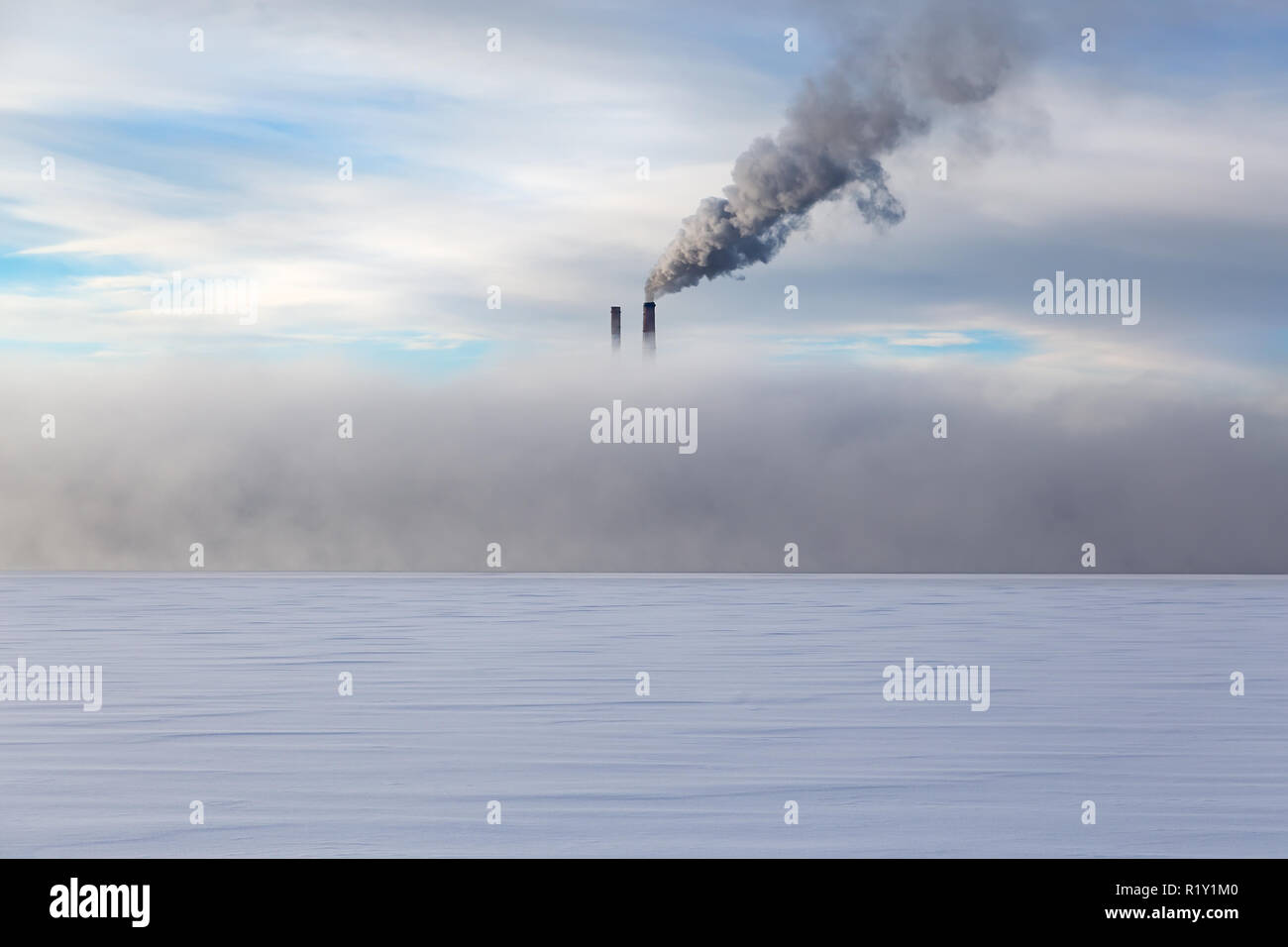 Les tuyaux de fumée dans un épais brouillard en hiver sur un fond de ciel nuageux Banque D'Images