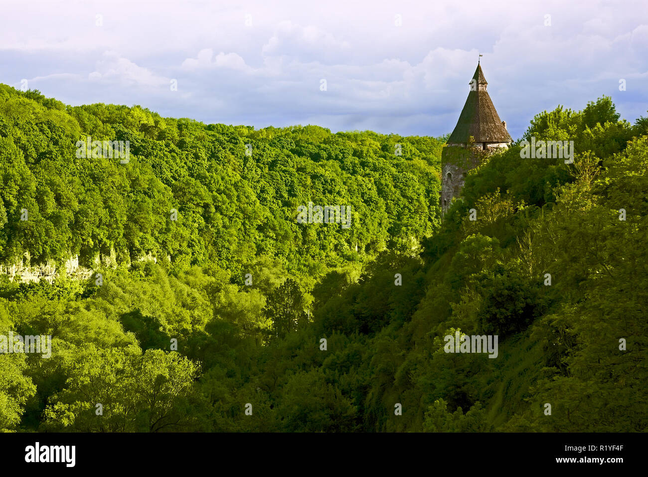 Forte pente verte près de la rivière Smotrych dans la ville Kamianets-Podilsky, Ukraine. La fortification médiévale sur les rochers Banque D'Images