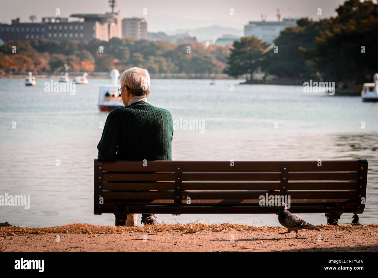 Un homme de solitude ou de tristesse seul assis sur le banc en regardant le coucher du soleil un grand étang et la pensée. Banque D'Images