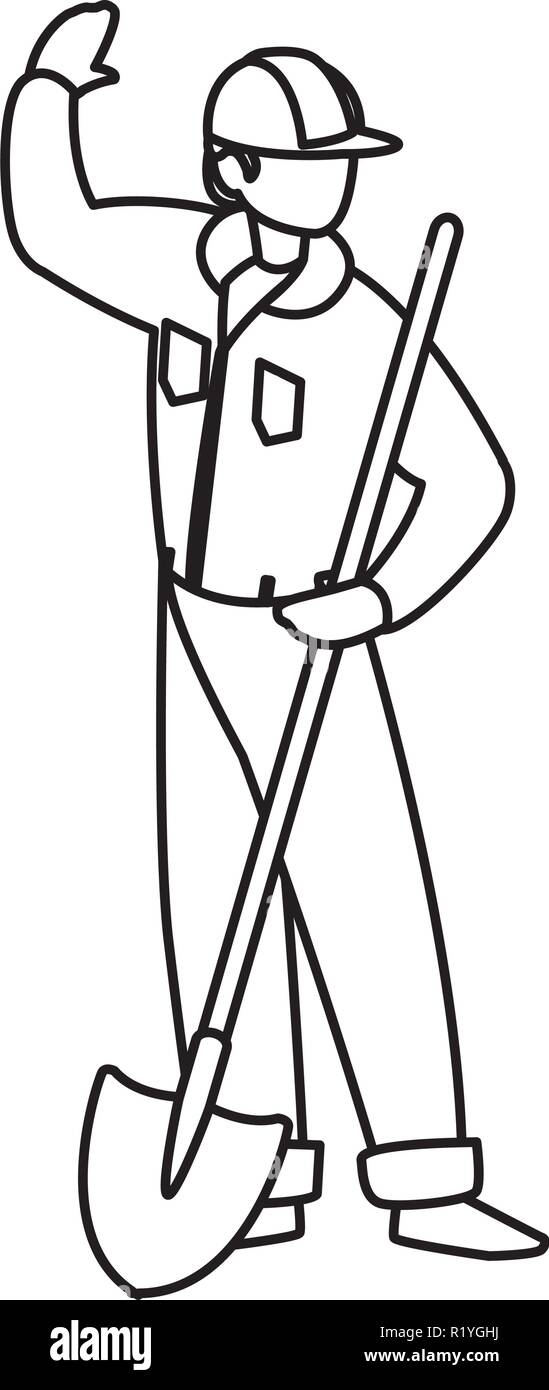 Builder avec casque de sécurité et tenir une pelle sur fond blanc, vector illustration Illustration de Vecteur