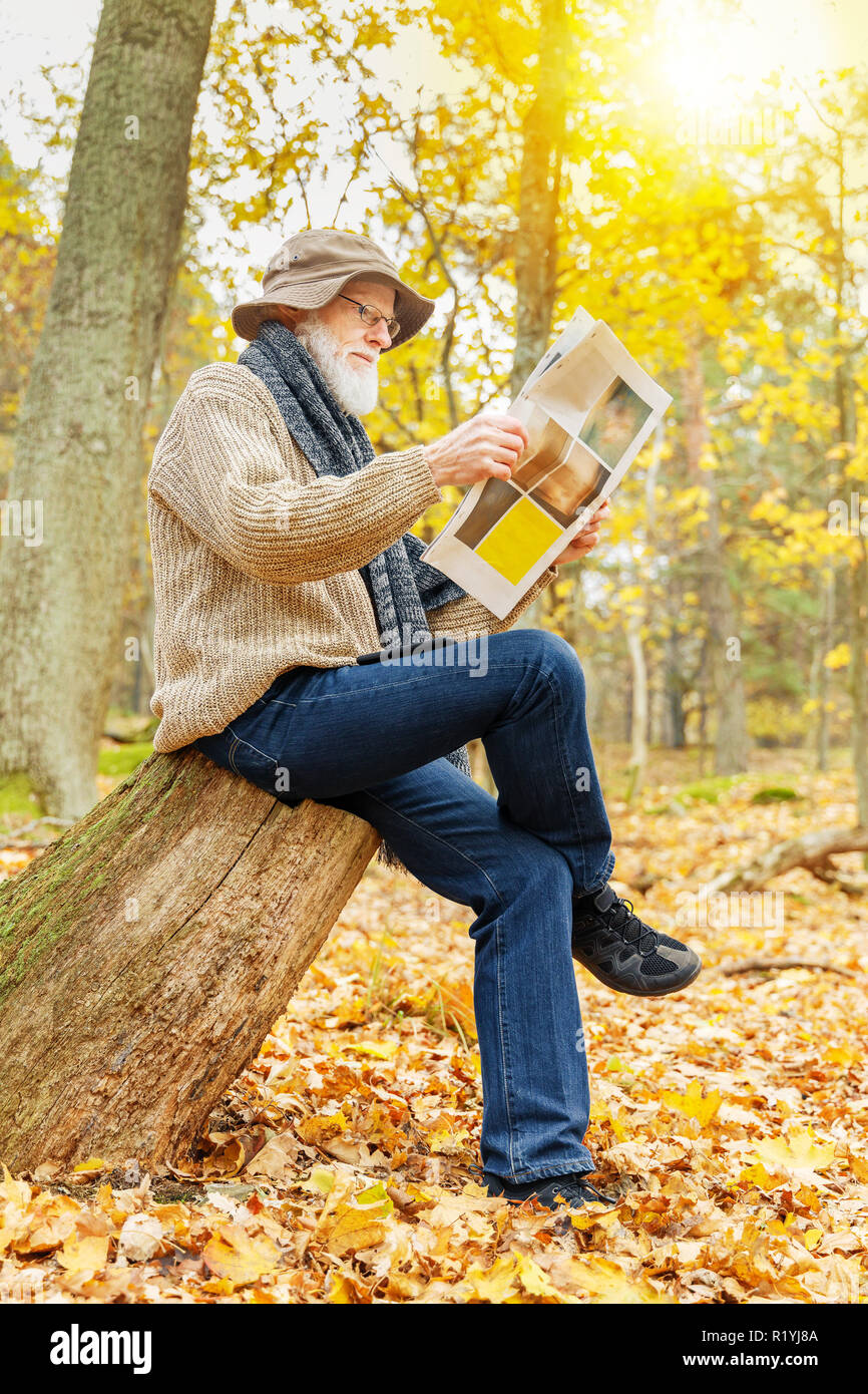 Senior man reading newspaper en plein air dans la forêt en automne Banque D'Images
