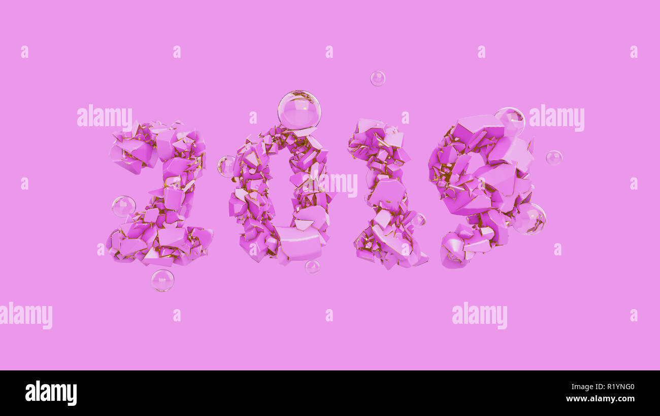 Bonne année 2019 avec bandeau couleur rose très tendance et numéros d'or faite par éclats de pierre fissurée isoler sur fond rose avec des éclats de verre. abstract 3d illustration Banque D'Images