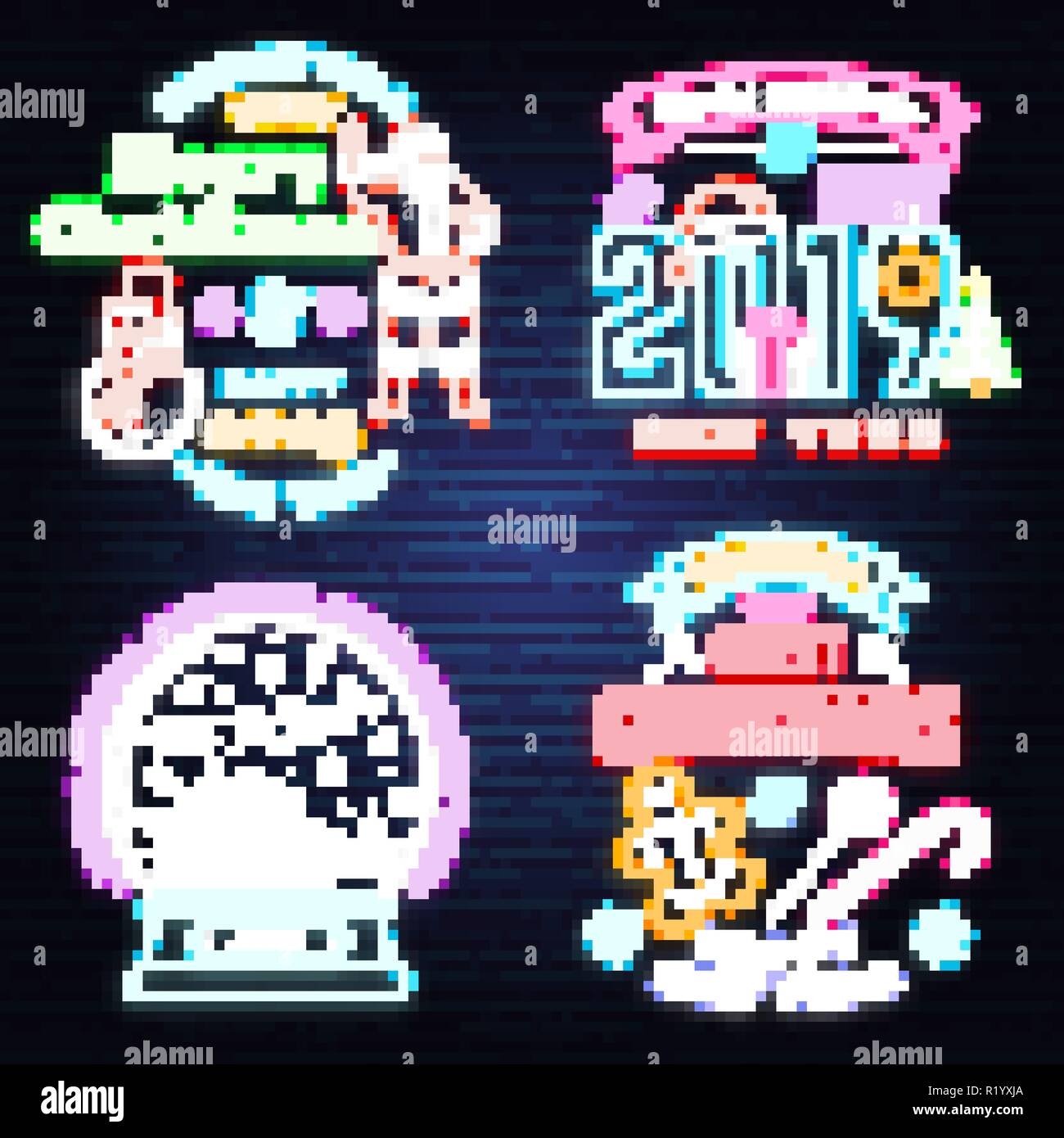 Ensemble de Joyeux Noël et Bonne Année en néon avec bonhomme de neige et le Père Noël, des flocons de neige de noël, globe. Vecteur. Ensemble de conception au néon pour Noël, nouvel an, emblème de la lumière lumineuse, pancarte banner Illustration de Vecteur