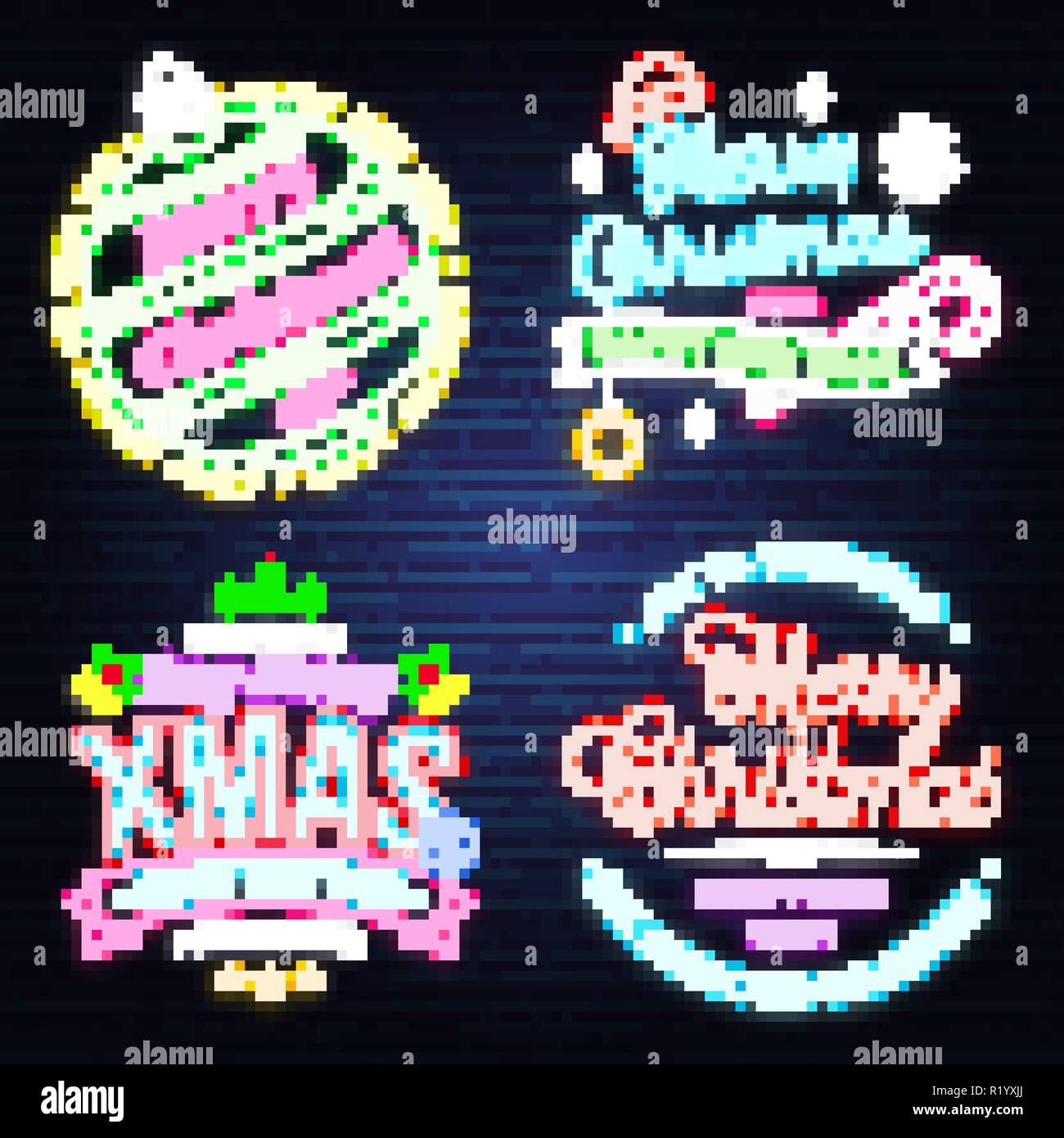 Ensemble de Joyeux Noël et Bonne Année avec neon sign hanging christmas bell, flocons, pendaison boule de noël, santa hat, candy. Vecteur. Design néon pour Noël, nouvel an, emblème de l'enseigne lumineuse Illustration de Vecteur