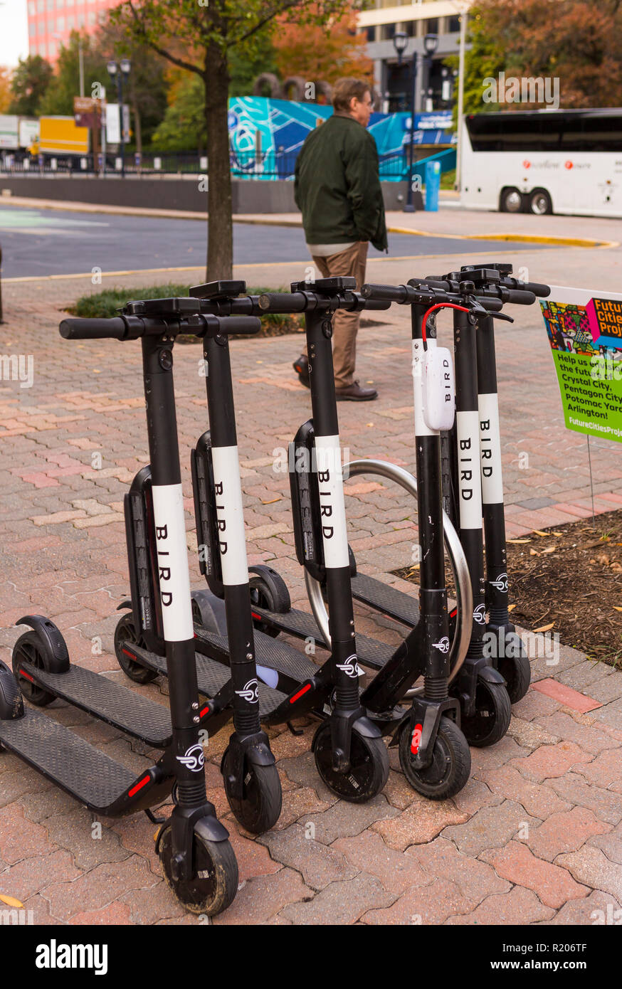 CRYSTAL CITY, Virginia, USA - scooters électriques d'oiseaux en stationnement sur trottoir, dans le comté d'Arlington. Banque D'Images