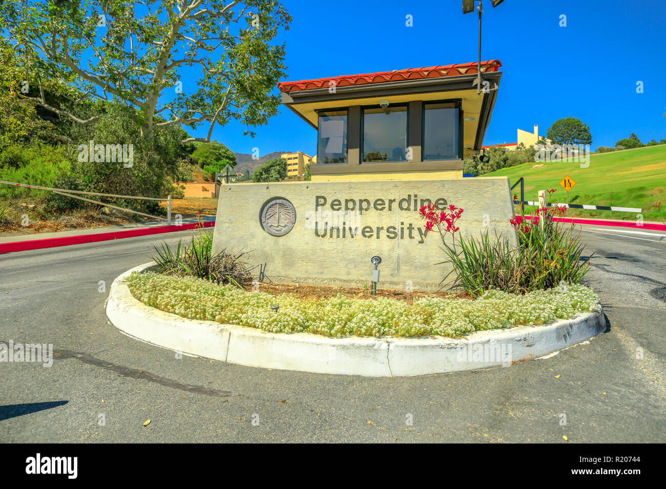 Malibu, California, United States - 7 août 2018 : l'université de Pepperdine Inscription entrée privée, d''une université américaine à Malibu, en Californie. Le campus principal sur les collines surplombant l'Océan Pacifique Banque D'Images
