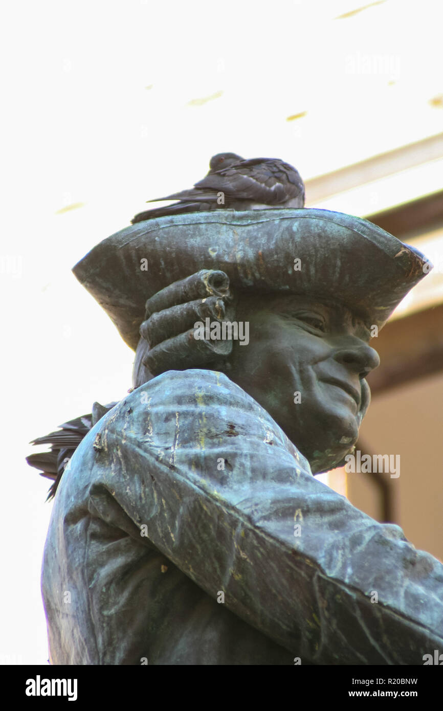 Venise, statue en bronze de Goldoni, avec pigeon sur la tête Banque D'Images