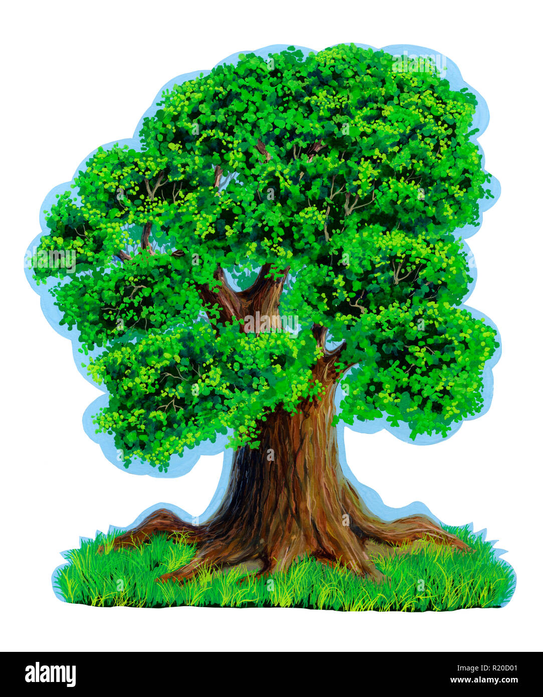 Arbre avec une large couronne de feuilles vert tendre bleu contre un ciel clair et l'herbe verte. Est isolé. Mains peintes gouache. Autocollant. Led Banque D'Images