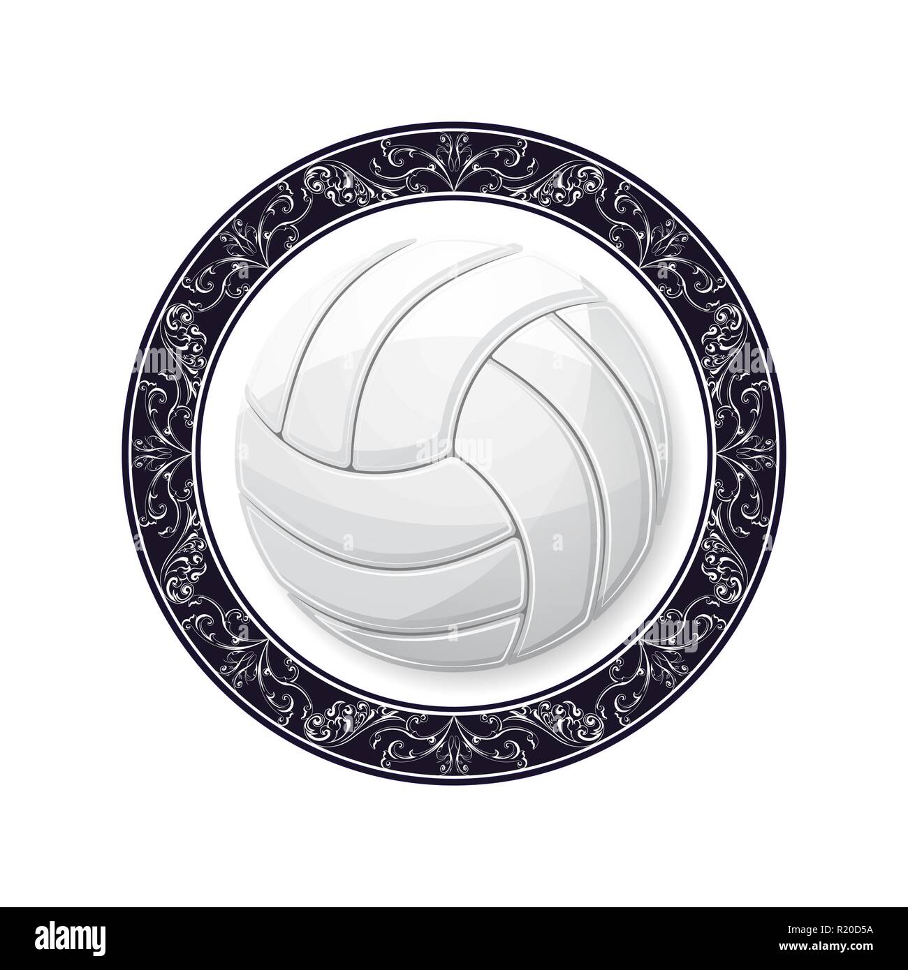 Volley-ball blanc avec florasl symbole cercle bâti isolé sur fond blanc Illustration de Vecteur