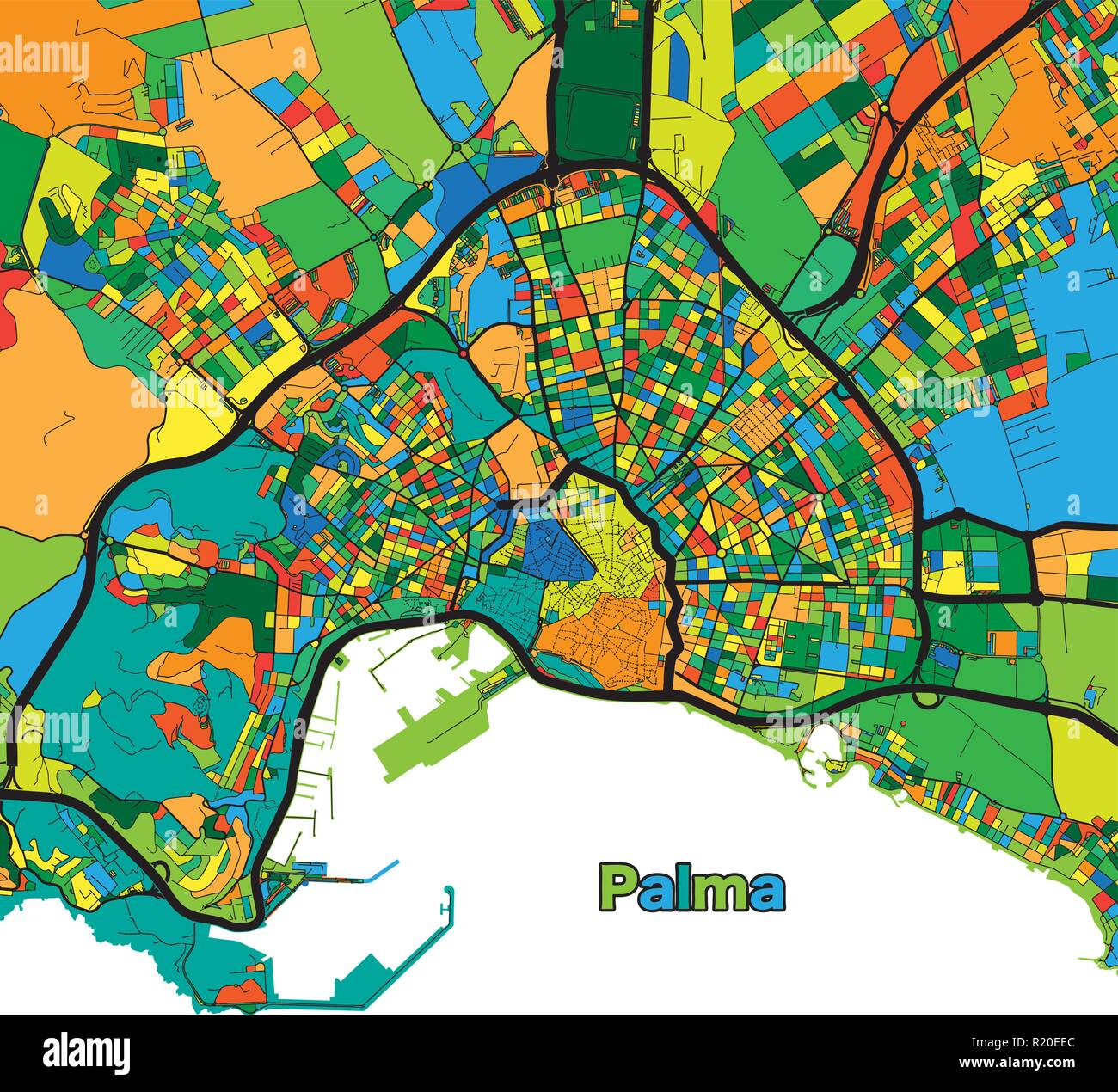 Carte des rues colorées de Palma. Vector illustration modèle pour l'art de mur et de marketing en format carré. Illustration de Vecteur