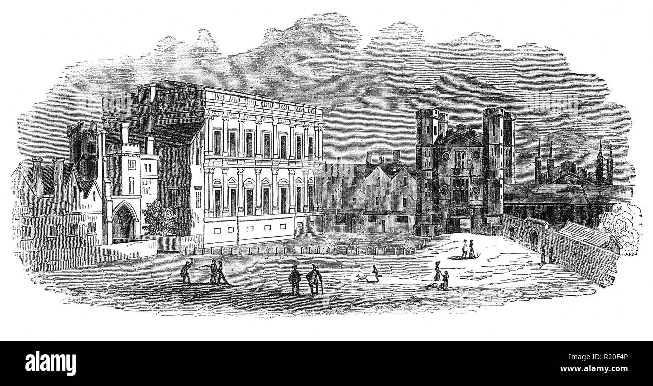 La salle de banquet par Inigo Jones au Palais de Whitehall (ou Palais de White Hall) à Westminster, Londres, et le Gate House, soi-disant pour par HansHolbein. C'était la résidence principale des monarques anglais de 1530 à 1698, quand la plupart de ses infrastructures, sauf pour le Banqueting House, ont été détruites par le feu. Il a, à un moment donné, été le plus grand palais d'Europe, avec plus de 1 500 chambres, avant d'être dépassé par l'expansion du palais de Versailles, qui était d'atteindre 2 400 chambres. Banque D'Images