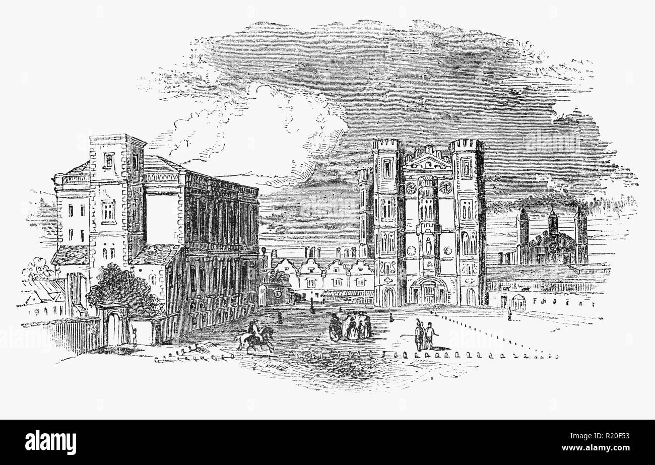 La salle de banquet par Inigo Jones au Palais de Whitehall (ou Palais de White Hall) à Westminster, Londres, et le Gate House, soi-disant pour par HansHolbein. C'était la résidence principale des monarques anglais de 1530 à 1698, quand la plupart de ses infrastructures, sauf pour le Banqueting House, ont été détruites par le feu. Il a, à un moment donné, été le plus grand palais d'Europe, avec plus de 1 500 chambres, avant d'être dépassé par l'expansion du palais de Versailles, qui était d'atteindre 2 400 chambres. Banque D'Images