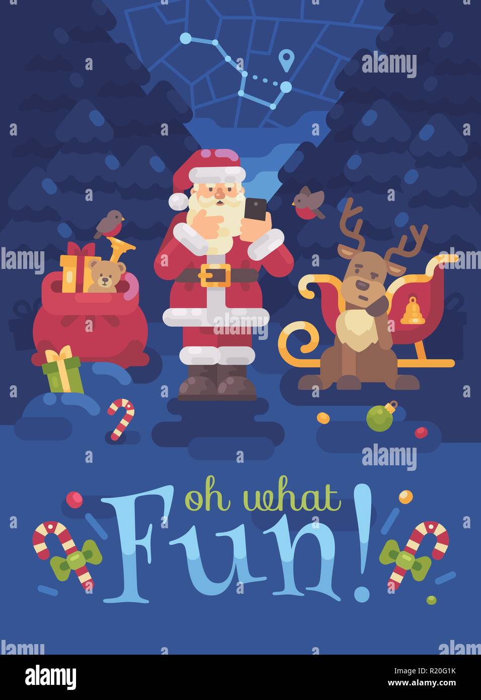 Le Pere Noel A Perdu Ses Rennes Le Père Noël et ses rennes perdu leur chemin dans la forêt et Santa est  d'essayer de trouver leur emplacement avec le GPS sur son smartphone.  Télévision Noël illust Image Vectorielle Stock -