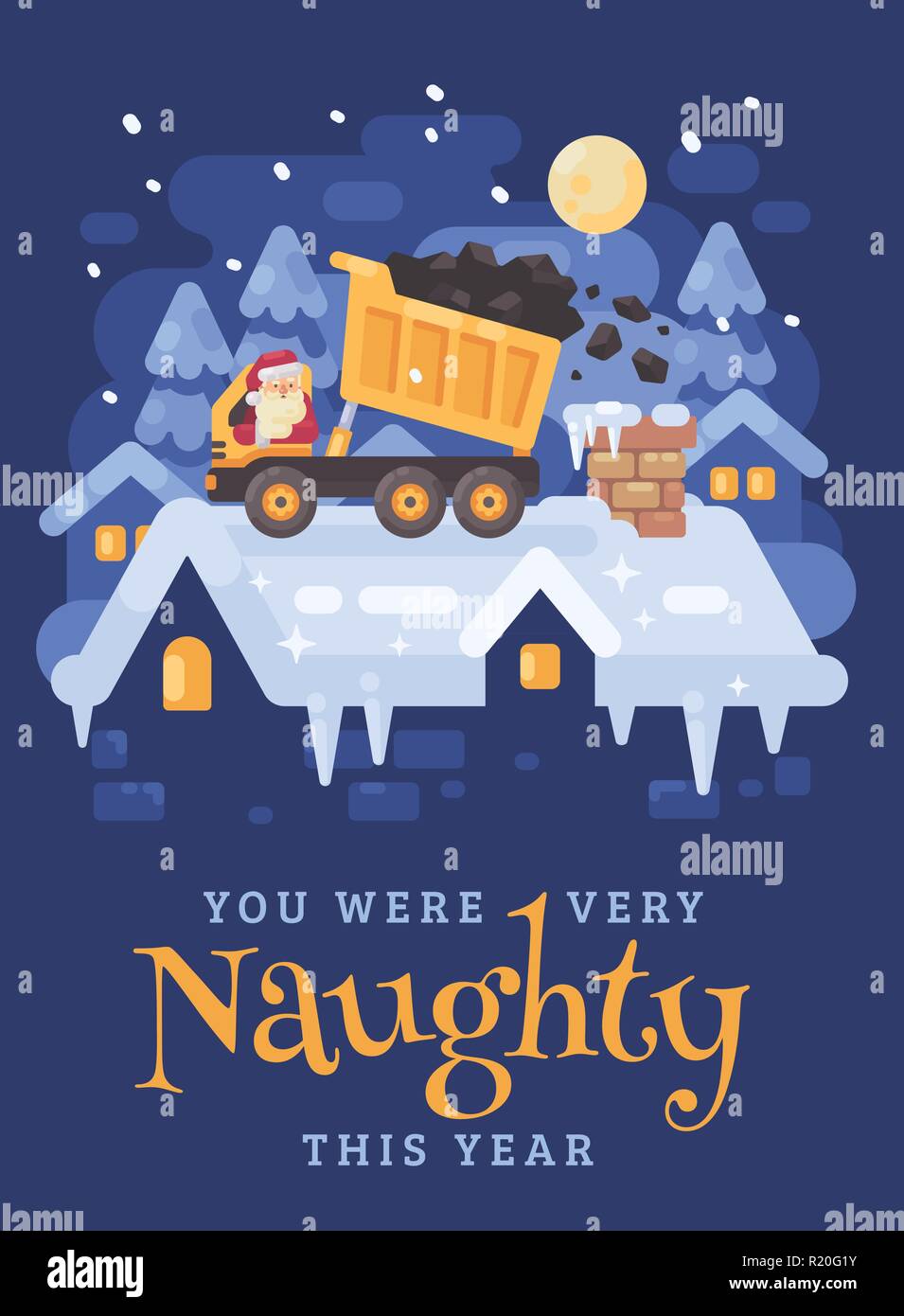 Le Père Noël dans un camion benne jaune sur un toit le déchargement du charbon dans la cheminée d'un enfant très méchant. Carte de vœux de Noël Illustration de Vecteur