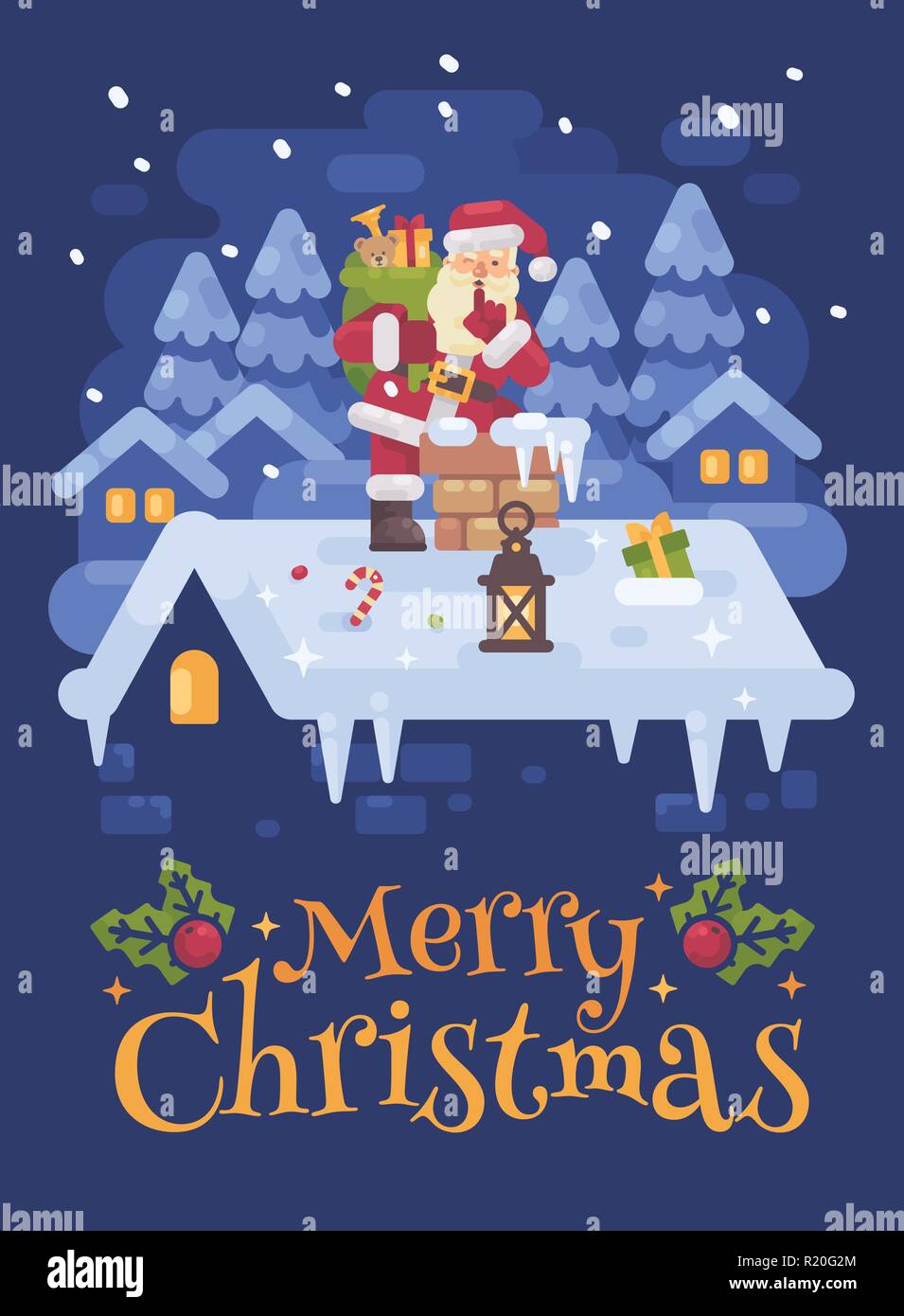 Cheerful Santa Claus sur un toit de monter dans la cheminée avec un sac plein de cadeaux le soir de Noël. Hiver bleu télévision carte d'illustration Illustration de Vecteur