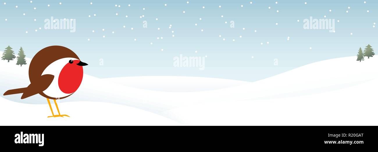 Vector illustration bannière d'un homme mignon robin redbreast debout dans la neige avec un espace réservé au texte Illustration de Vecteur